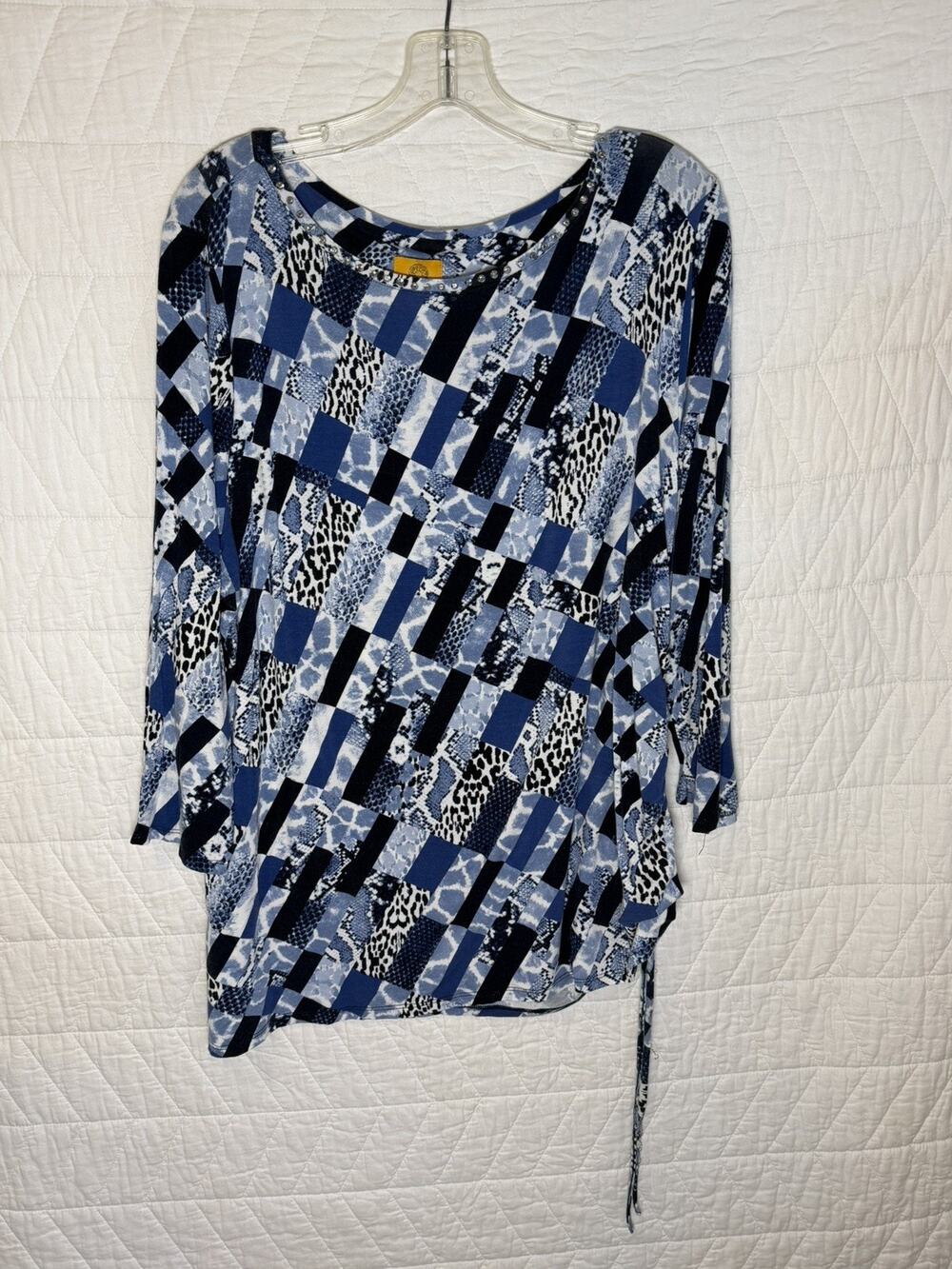 Ruby Road sz 1X Pullover tunic blue Print 3/4 sleeve Cinch Tie Side Round Neck